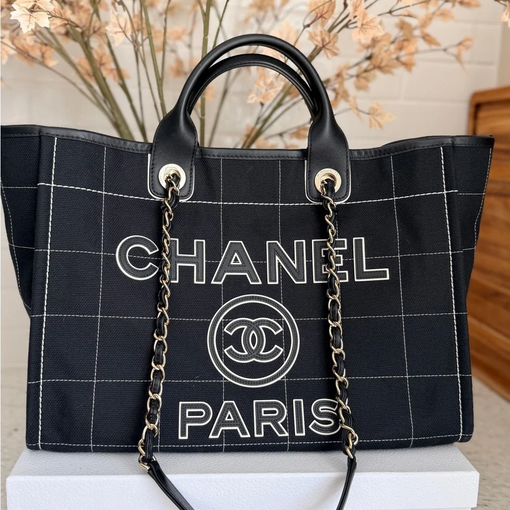CHANEL Black Grid Canvas Tote with Chain-and-Leather Straps and Matching Pouch - Picture 11 of 14